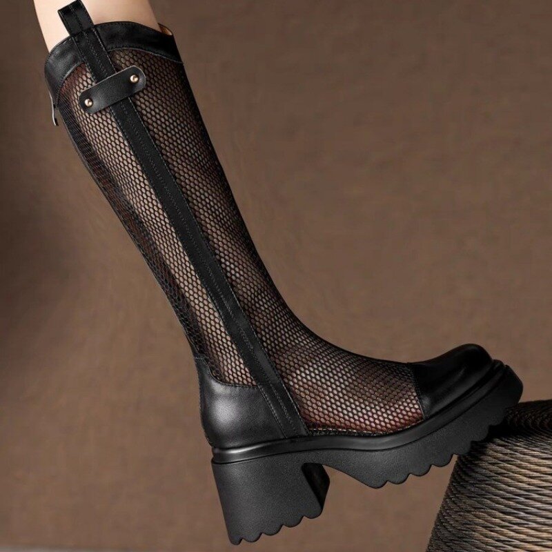 รองเท้าบูทซิปยาวแฟชั่นใหม่2024สำหรับผู้หญิงรองเท้าบูท Comfort ลำลองตาข่ายระบายอากาศได้รองเท้าบูทส้นหนากลวงสำหรับฤดูร้อน