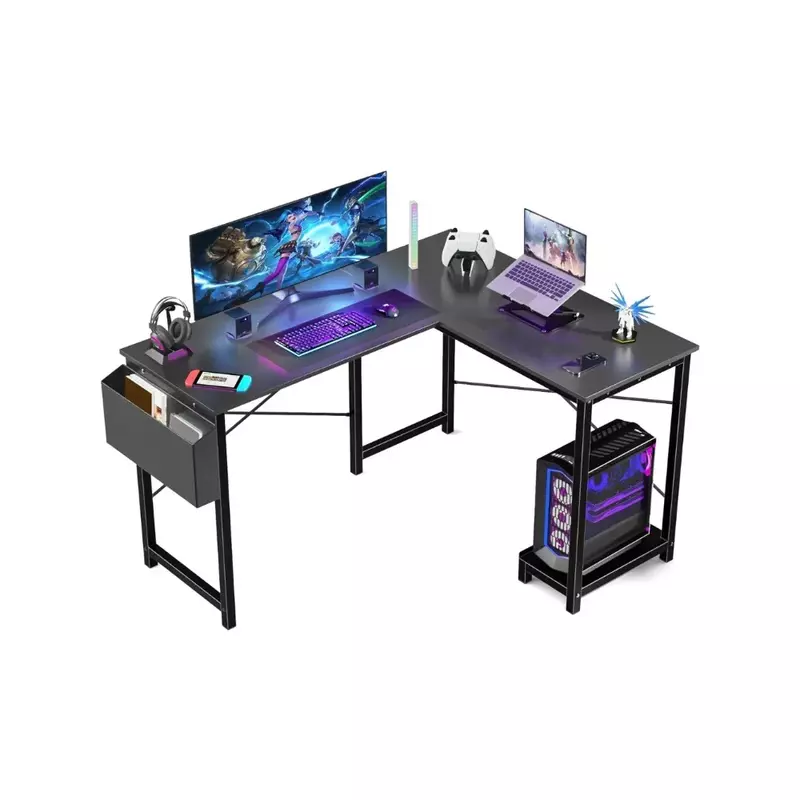 Bureau en forme de L, bureau d'angle pour ordinateur, table de jeu pour PC avec sac de rangement latéral, bureau robuste pour bureau à domicile, poste de travail d'écriture