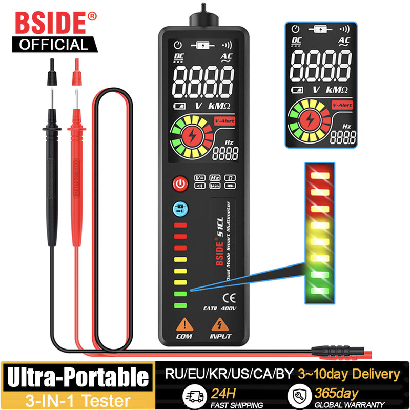 BSIDE Tester tegangan Digital Multimeter warna LCD non-kontak detektor kawat langsung indikator pena listrik Voltmeter Ohm Hz Meter