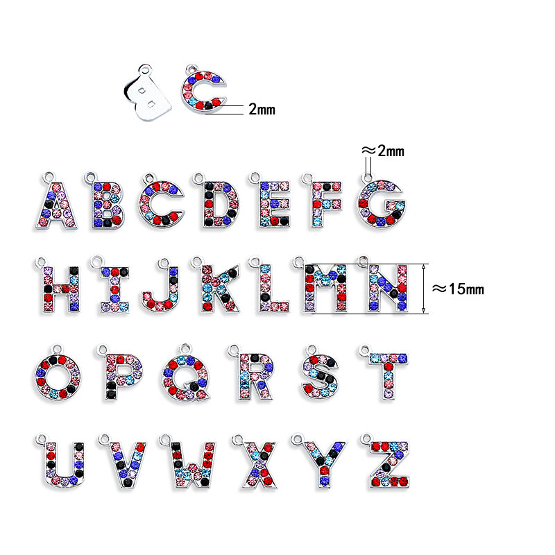 ラインストーン,アルファベットの文字,DIYブレスレット,ネックレスを作るための15mmのペンダント