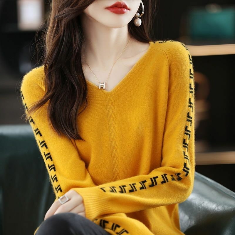 솔리드 컬러 프린트 스웨터 v넥 스크류 스레드 스플라이스 니트 점퍼 여성용, 한국 의류, 가을 겨울 상품
