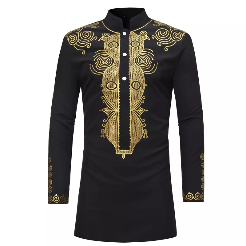 남성용 스탠드 칼라 무슬림 셔츠, 민속 카프탄 무술만 쿠르타 인도 이슬람 의류, 국가 인쇄 긴팔 셔츠