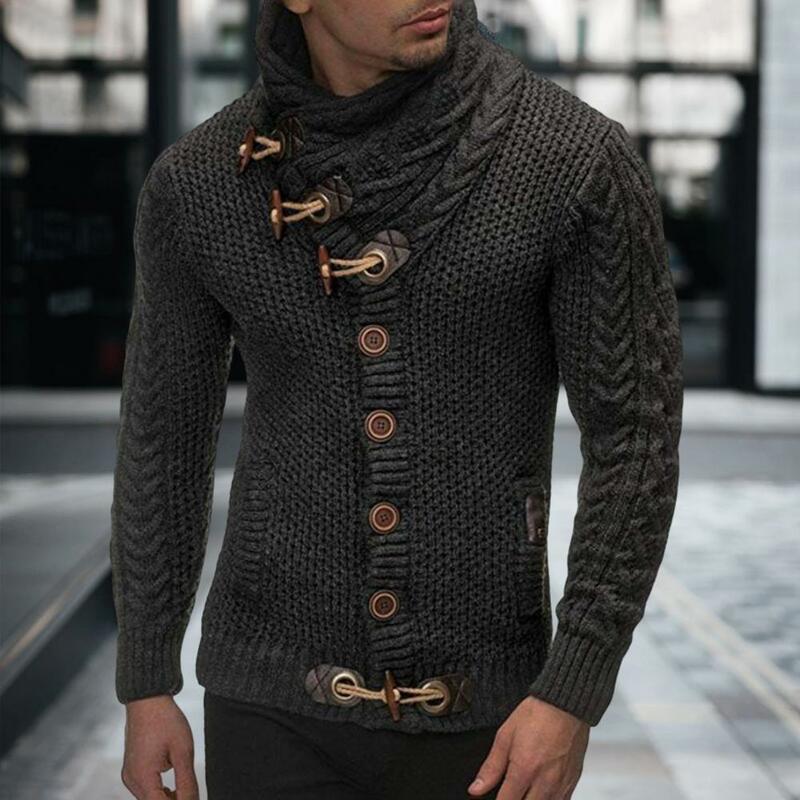 Sweater pria rajut, kardigan Sweater Streetwear kerah tinggi, rajutan Single Breasted Super lembut