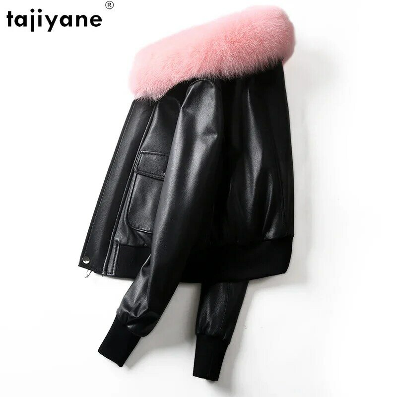 Tajiyane 100% 진짜 양가죽 재킷, 화이트 덕 다운 코트, 여성 짧은 가죽 재킷, 여우 모피 칼라 차케타