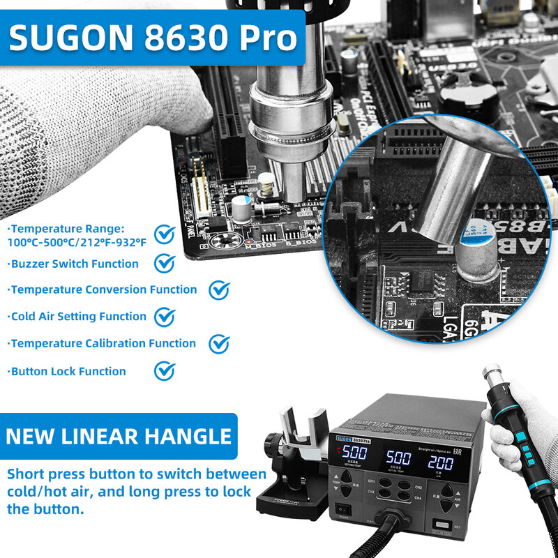 SUGON 8630Pro 1300 Вт пистолет горячего воздуха цифровой дисплей BGA паяльная станция изогнутая сварочная ремонтная станция для сварки
