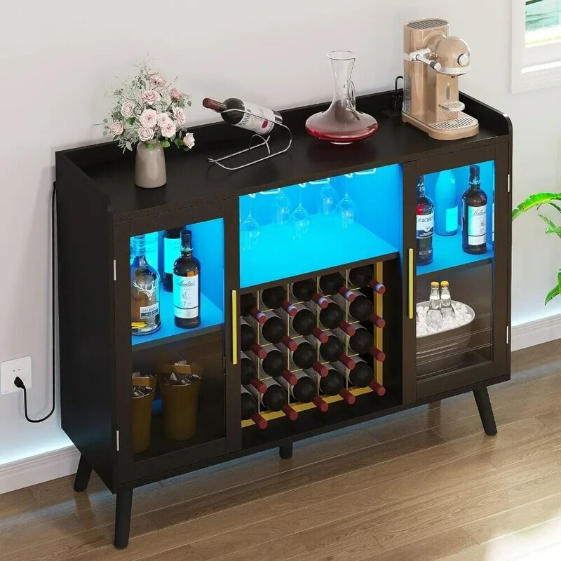Wine Bar Cabinet with Led Lights & Power Outlets, 53" Coffee Bar Cabinet for Liquor and Glasses, Modern Buffet Sideboard with