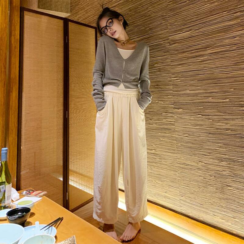 Solid Color High Waist Pants Elastic High Waist Wide Leg Trousers for Women with Pockets Solid Color Loose Fit Long for Summer