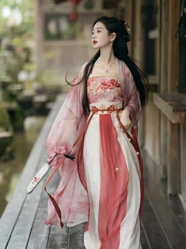 Vestido Hanfu longo tradicional para mulheres, cinto bordado, saia plissada, terno feminino, conjunto estilo chinês antigo
