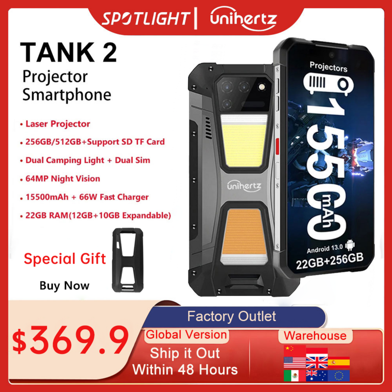 Unihertz proyektor Tank 2, proyektor kasar RAM 22GB ROM 8849 GB 108MP lampu berkemah 64MP penglihatan malam Super G99 256 mAh mendukung SD TF