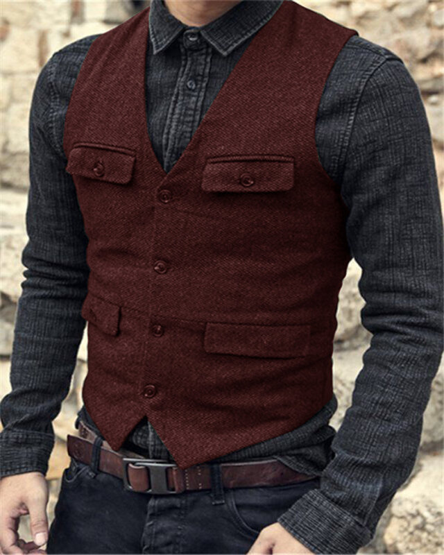 Мужской винтажный жилет в стиле стимпанк, коричневый/бордовый жилет из твида в елочку, деловой жилет для свадьбы,