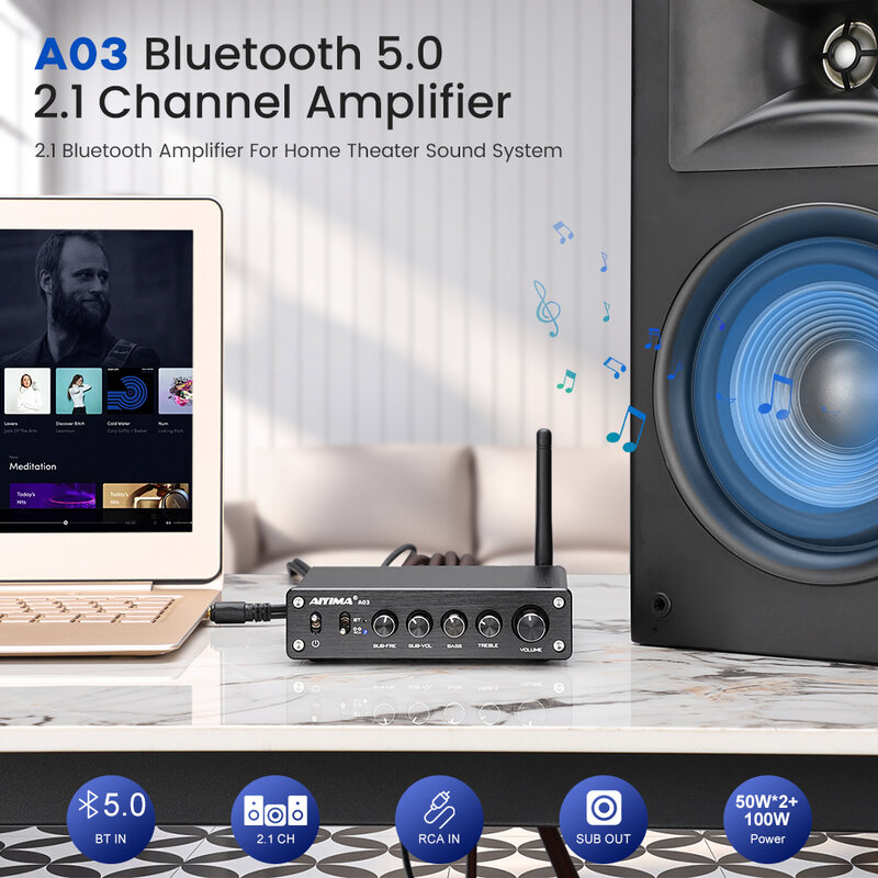 AIYIMA TPA3116 서브우퍼 블루투스 앰프 HiFi TPA3116D2 2.1 디지털 오디오 파워 앰프 50 Wx2+100 W 소리 앰프 A03