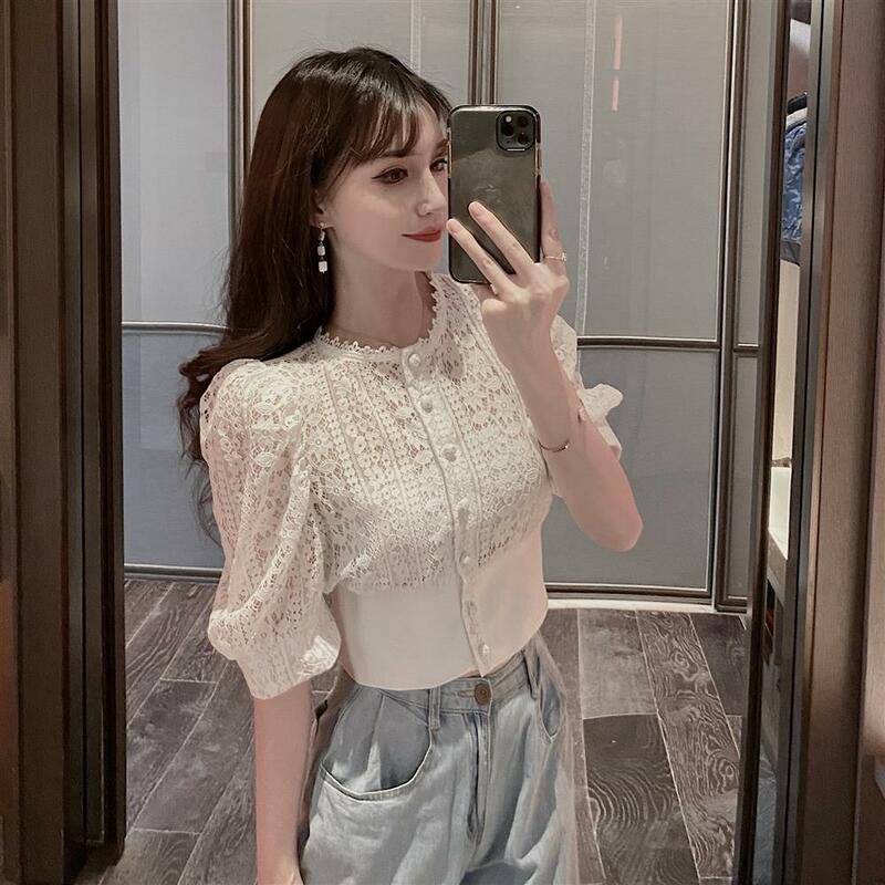 Blouse Women   Fashion  Summer  Lace   Bubble  Sleeve  Hollow    Casual  Top