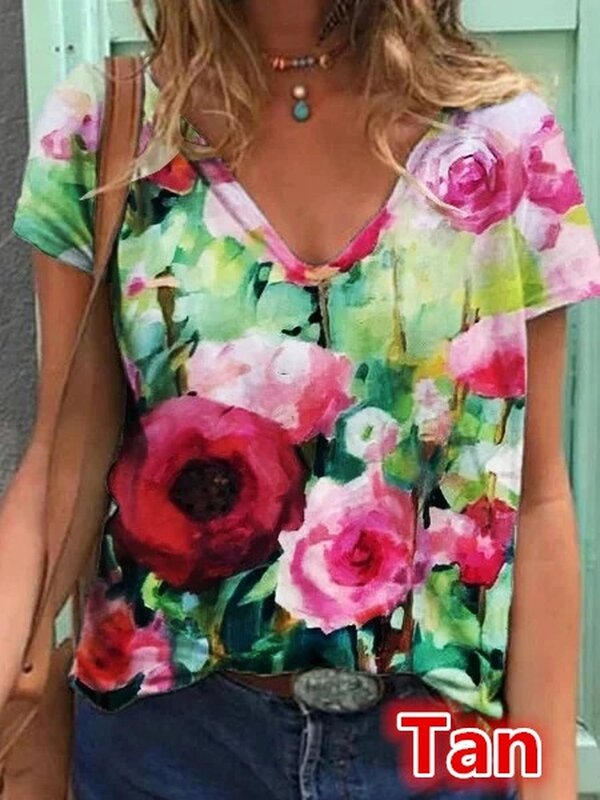 เสื้อยืดแขนสั้นลายดอกไม้แนวแอบสแตรกของผู้หญิง2023ใหม่เสื้อคอวีทรงหลวม S-5XL ฤดูร้อนผู้หญิงแฟชั่นใหม่