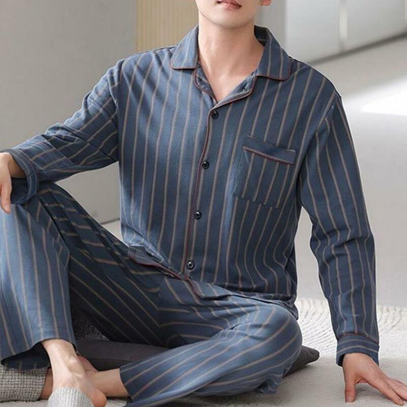 Conjunto de pijama de manga larga con cuello de solapa para hombre, pantalones cómodos, estampado de secado rápido para relajación, primavera y otoño