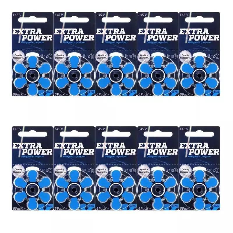 Baterias de aparelhos auditivos Extra Power, Azul PR44 Zinc Air, 60 células de bateria, Tamanho 675 A675, 1.45V
