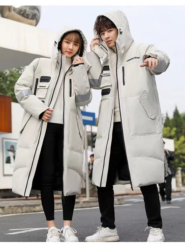 20 graus inverno moda casal casacos longo sobre o joelho grosso capuz blusão 90% pato branco para baixo quente puffer jaquetas