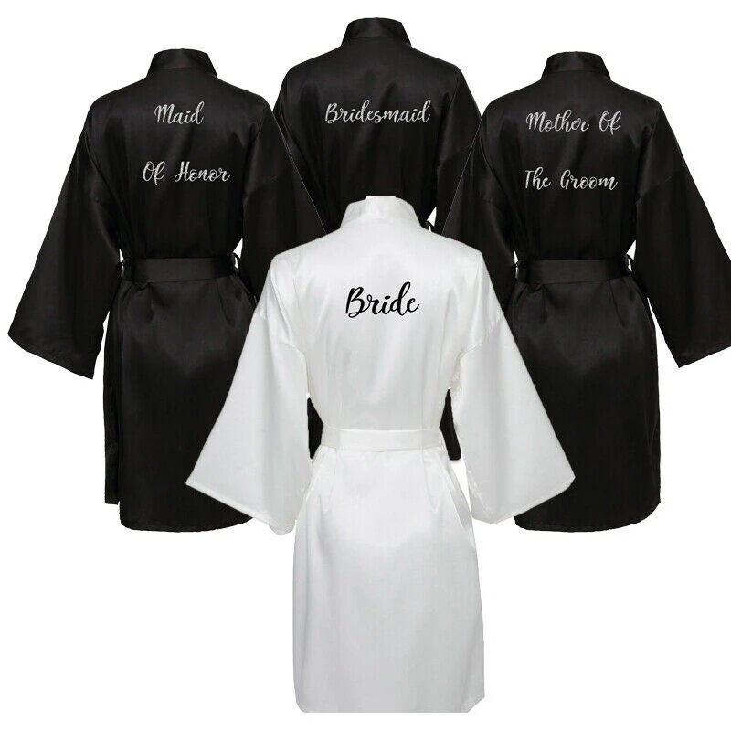 Шелковый Атласный халат, халат для невесты, женский свадебный халат, халаты для подружки невесты, одежда, черные халаты для невесты