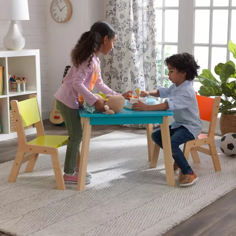 Set meja dan kursi anak-anak, Highlighter Modern-furnitur kayu berwarna terang, hadiah untuk usia 3-8