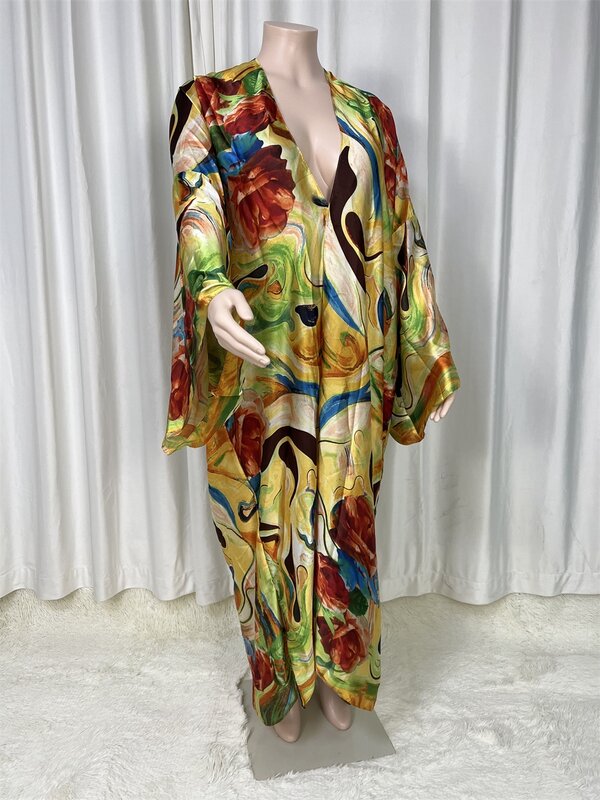 Vestido largo holgado de Arabia saudita para mujer, traje de baño con estampado bohemio, caftán africano, manga de murciélago, cárdigan de seda para playa, 2024