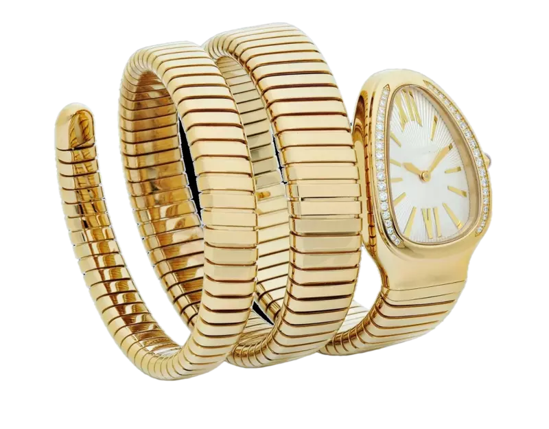 Hochwertige Frauen Schlange Gelbgold lange Armband Diamant Lünette Rom weiß Quarz Edelstahl Saphir Damen Armbanduhr