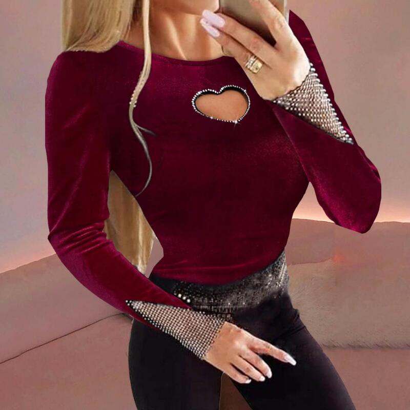 Spring Autumn Top Rhinestone Mesh Hollow Heart Velvet Patchwork Tops for Women Slim Fit T-shirt Sexy Blouses O-neck Sweater