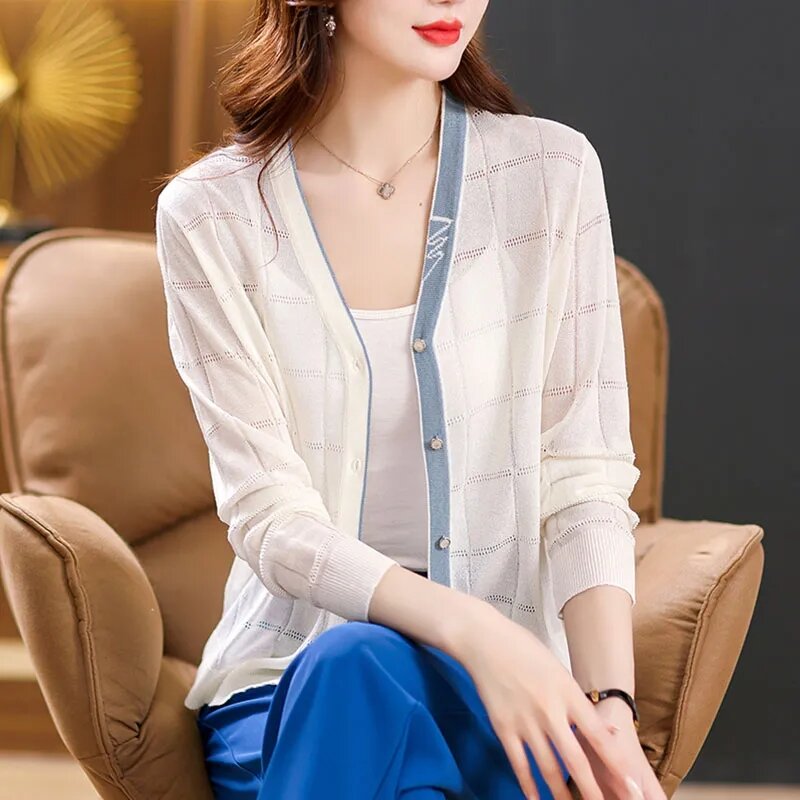 Jaqueta de malha de seda gelo feminina cardigã manga comprida, malha coreana, tops femininos, xale protetor solar, primavera, verão, moda outono