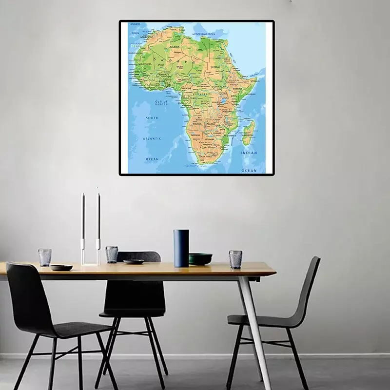 Póster de arte de pared de impresión Retro para decoración del hogar, pintura no tejida con mapa topográfico de África, versión del año 2016, 60x60cm, para sala de estar