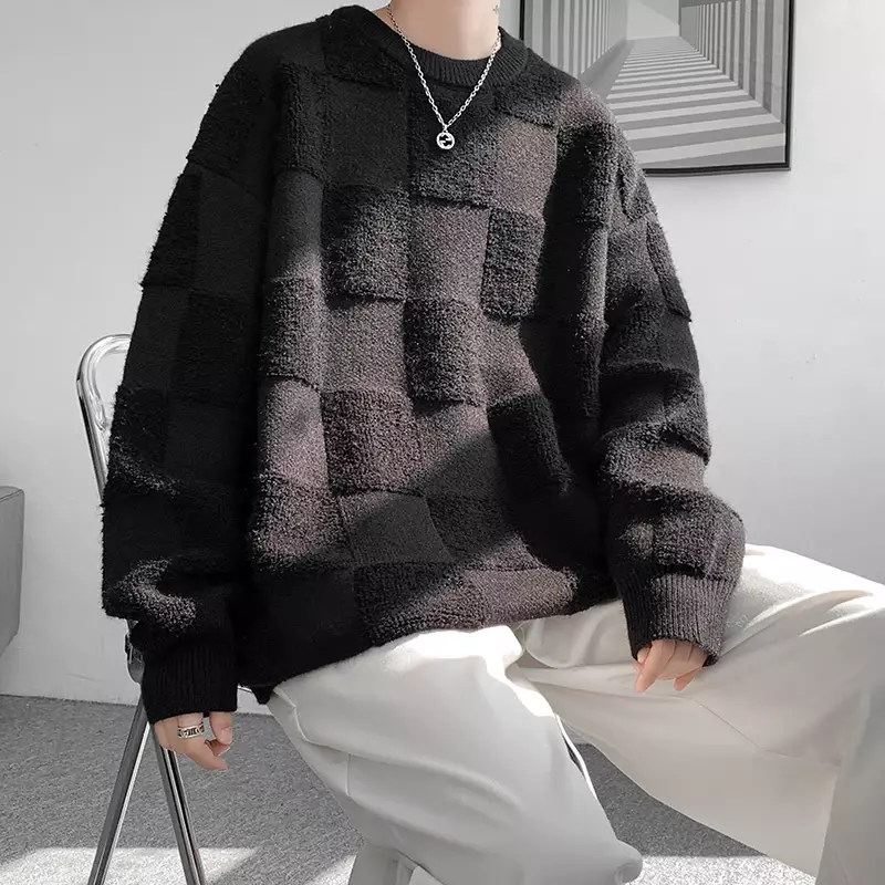 New American Style Towel Check Design Fashion Sweater Coat Men's Fall Winter Casual Loose Pullover Unisex Sweater Streetwear