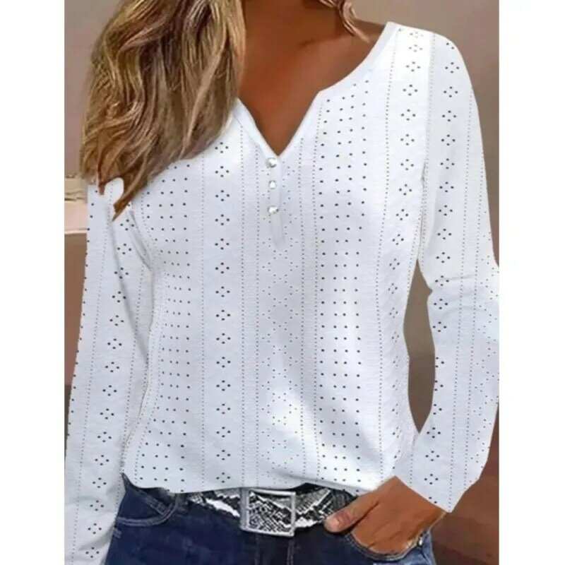 Spring New Long Sleeved V-neck Hollowed Out Solid Color Patchwork Shirt For Women's Elegant White Loose Fitting Pullover Blouses