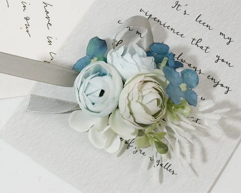 Light Blue Silk Rose Boutonniere para casamento, Groomsmen Ternos Pins, Artificial Handmaded Bridesmaid Corsage, acessórios do casamento