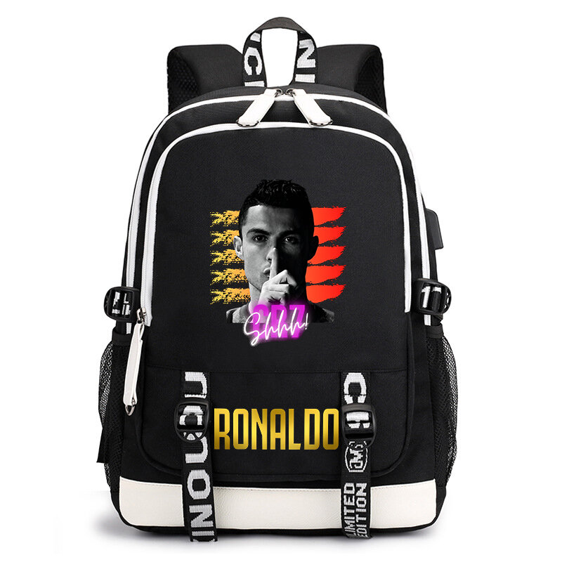 Zaino per studenti stampato Ronaldo zaino per bambini campus borsa da viaggio per esterni usb borsa casual nera