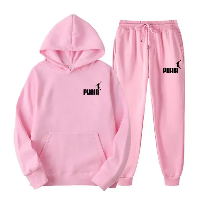 Solid color men's and women's hoodies, fashionable street casual set, autumn and winter fleece sportswear+pants 2024 multi-color
