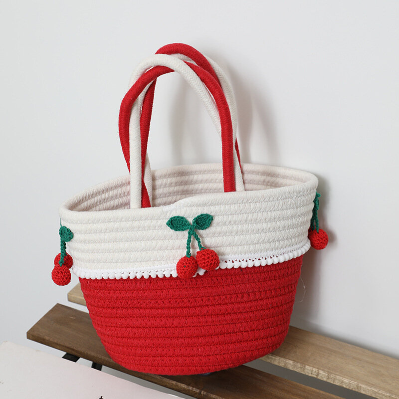 Bolso de paja hecho a mano para mujer, bolsa bonita de hilo de algodón, cesta tejida con cereza roja, playa, vacaciones en la playa, novedad