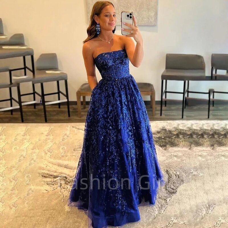 New Blue Sweetheart Evening Dresses Applique Prom Dress Robe A Line Floor Length Elegant Gown Formal Party Long Luxury 2024