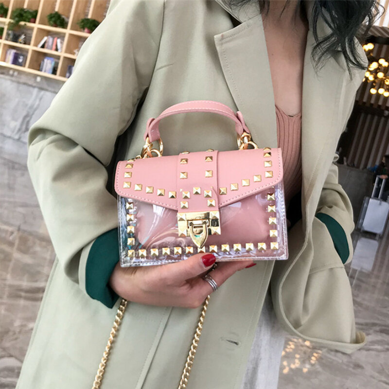 Women Clear Bags Small Square Bags Summer New Jelly Flap Purses PVC Rivets Shoulder Crossbody Bags Girls Casual Transparent Bags