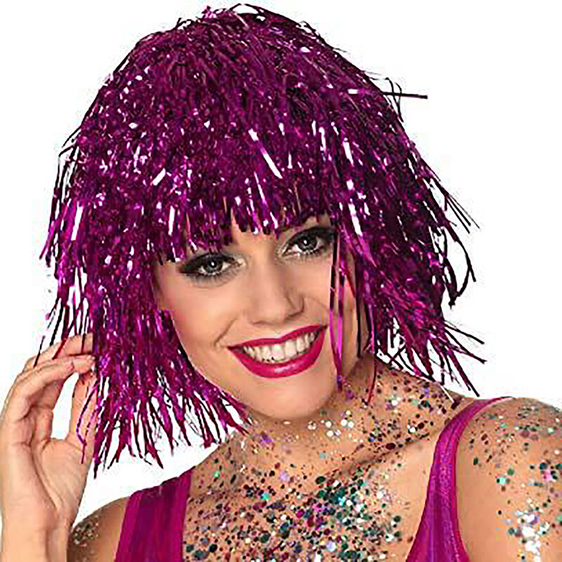 Mieniący się łańcuch foliowy peruki kostium Cosplay zabawny błyszczący kapelusz metaliczne akcesoria do włosów na imprezę karnawał maskarada peruka