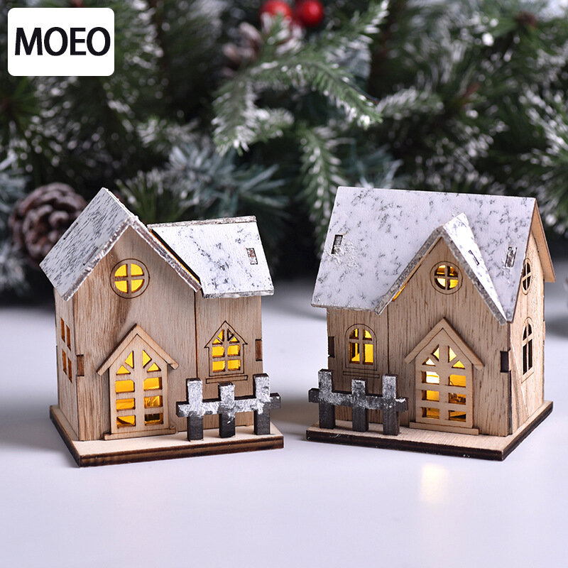 LEDライト木製ハウス照明クリスマスデコレーション、木製および電子部品、キッズギフト、8x7x9.5cm、1個