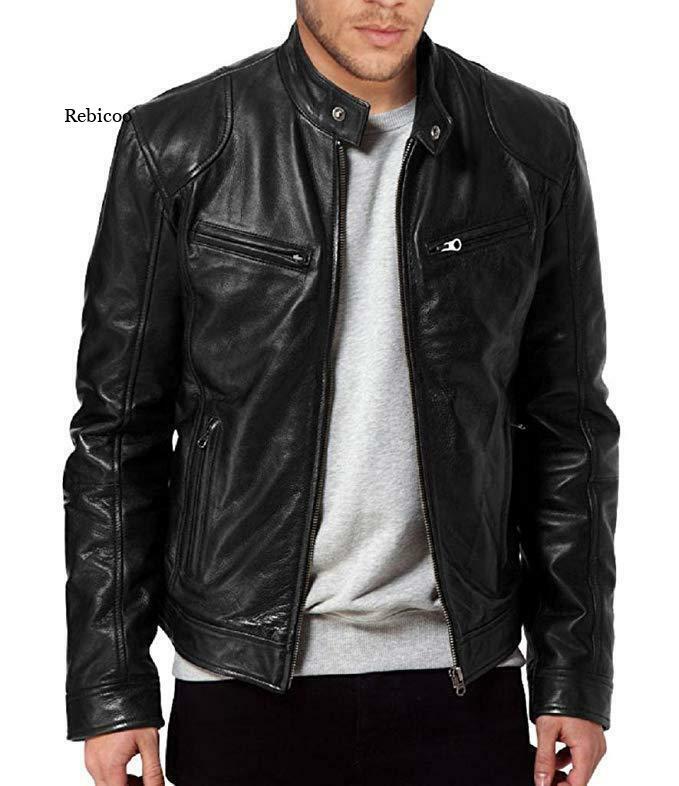 Business gentleman warm Zip Cardigan pocket decorative leather stand collar slim leather jacket