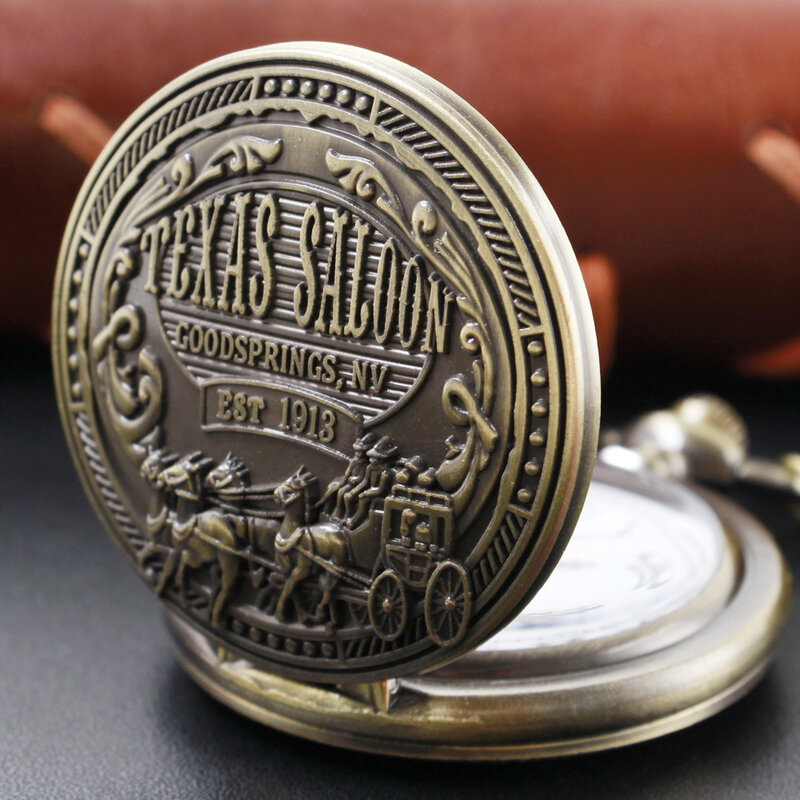 1913 Texas Saloon Western Denim 3D timbul kuarsa jam saku klasik Vintage Fob rantai kalung Aksesori jam hadiah terbaik