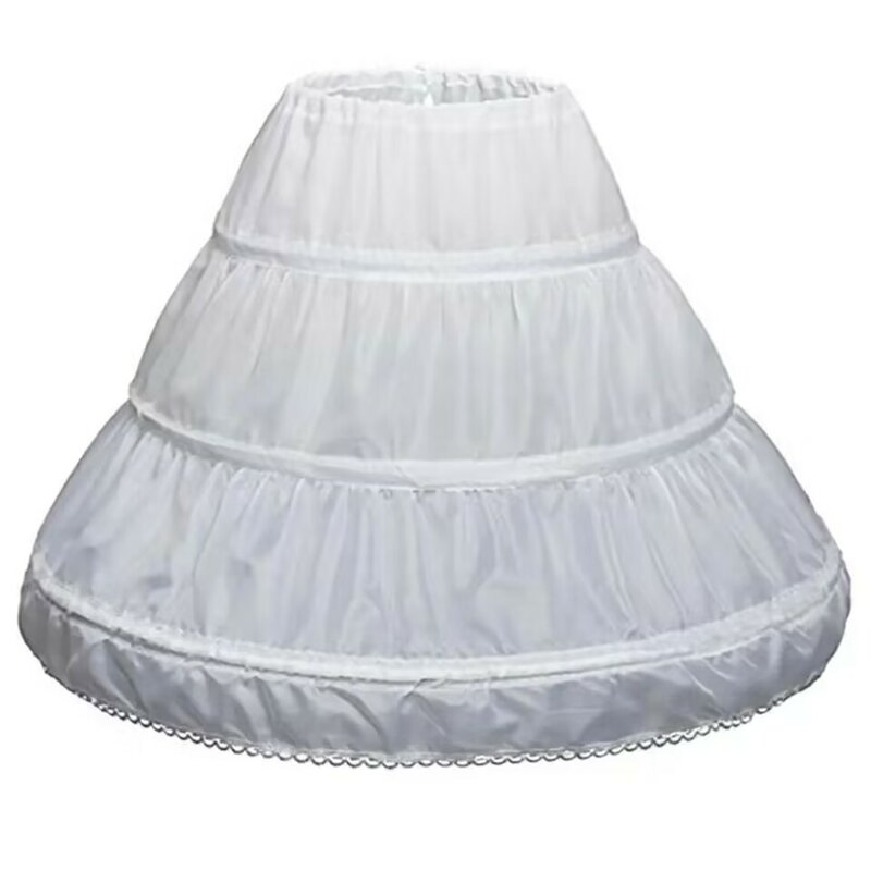 White Child Petticoat A-Line 3 Hoops One Layer Kids Crinoline Lace Trim Flower Girl Dress Underskirt Elastic Waist for Children