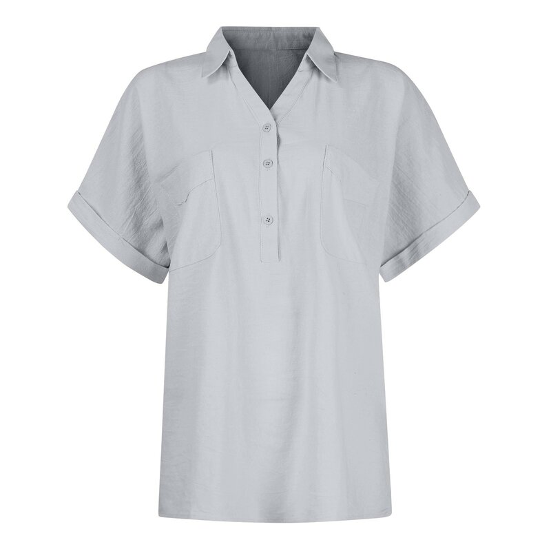 Camisa de lino y algodón para mujer, blusa holgada de manga corta con solapa y botones, color liso, estilo informal, elegante, para verano
