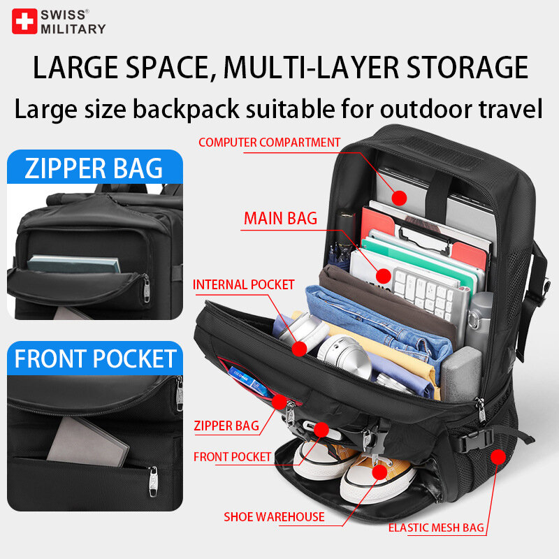 SWISS MILITARY 50L Travel Backpack Large Capacity Waterproof Back Pack Shoe Bag Sport Fitness Backpacks 16 Laptop Bags Mochila
