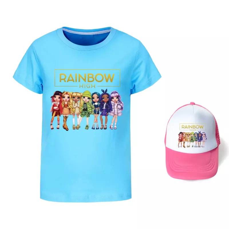 Camiseta Kawaii Rainbow alta infantil, blusa de manga curta, chapéu sol, camiseta de verão, moda, menina, crianças, criança, menino