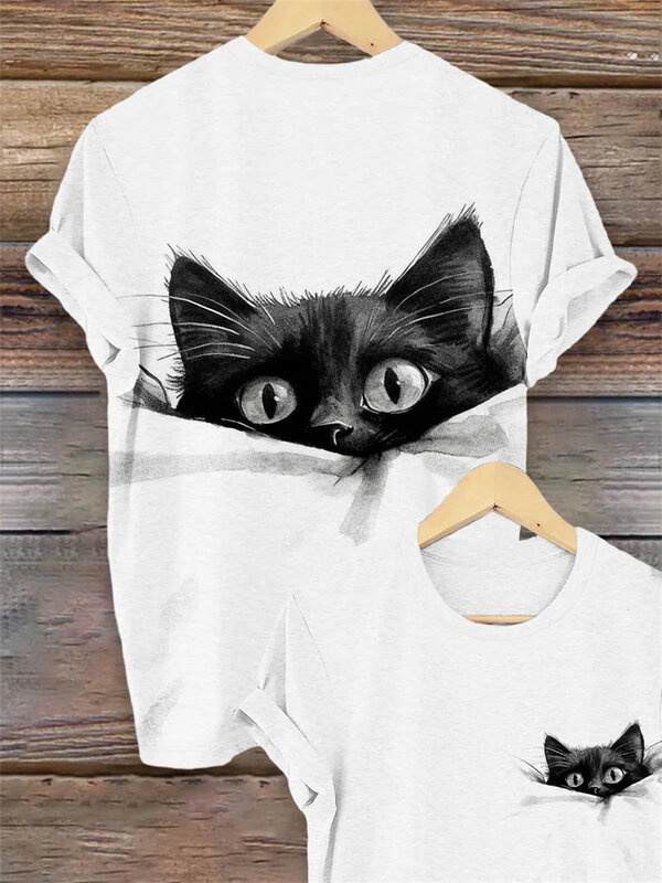 Camiseta de manga curta de gato feminino estampada em 3D, roupa feminina, blusa casual diário, moda verão, fofa
