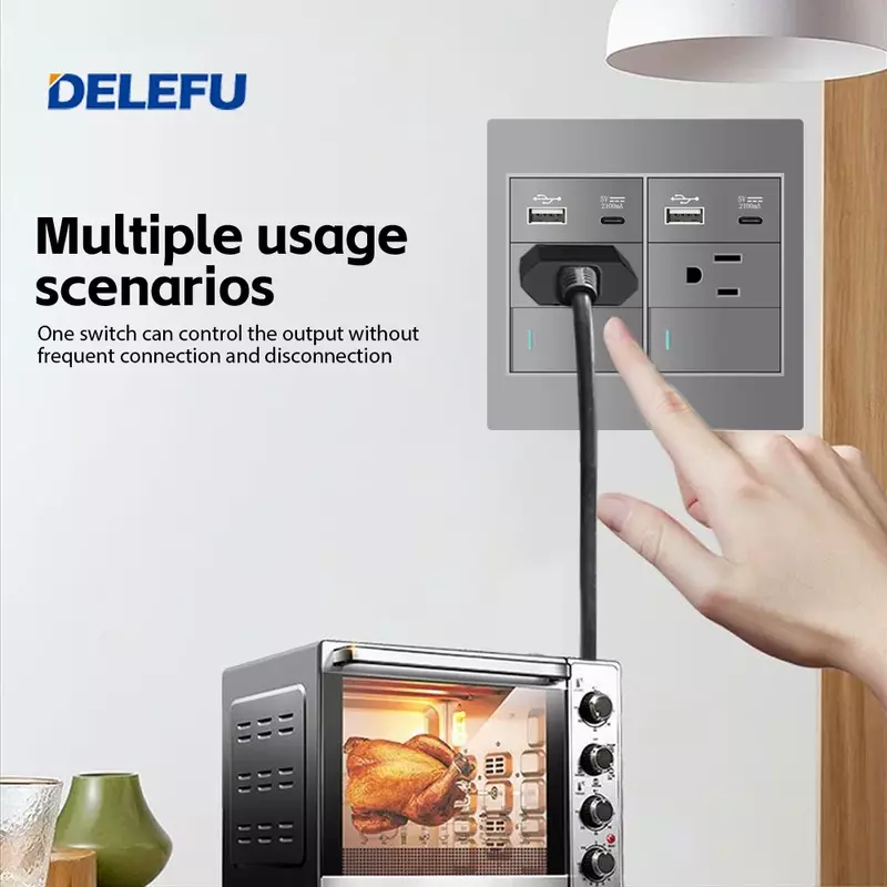 DELEFU gray Flame retardant 4*4PC panel Mexican Standard Type C US Wall Socket light switch for fast charging