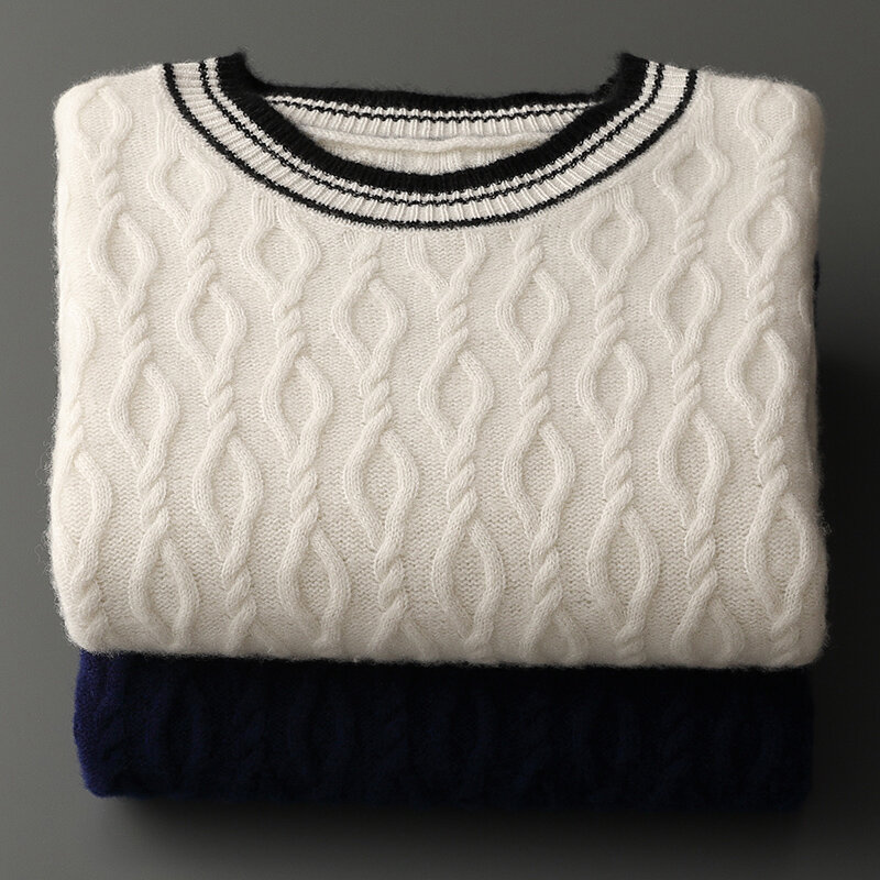 Suéter masculino de malha espessa com o pescoço, suéter solto 100% lã merino, combinando cores, lazer empresarial, novo, outono e inverno