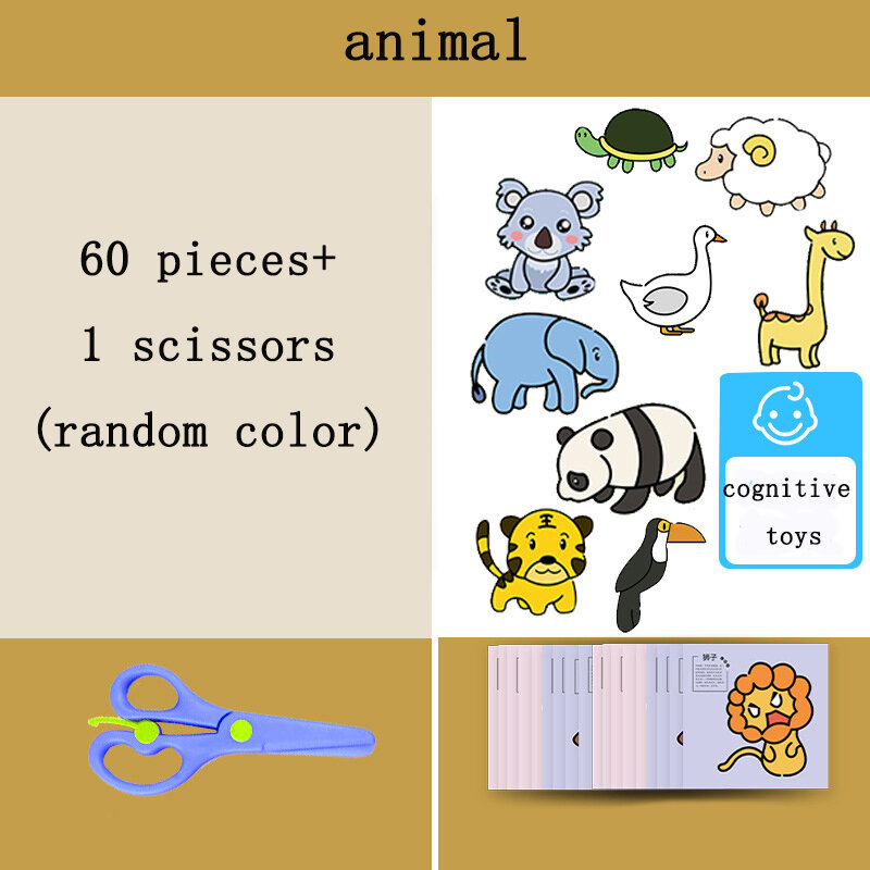 60 Pçs/set DIY Handmade Corte de Papel Definido com Crianças Tesoura de Segurança Animal Dos Desenhos Animados Crianças Handmade Paper Craft Aprendizagem Brinquedo Educativo