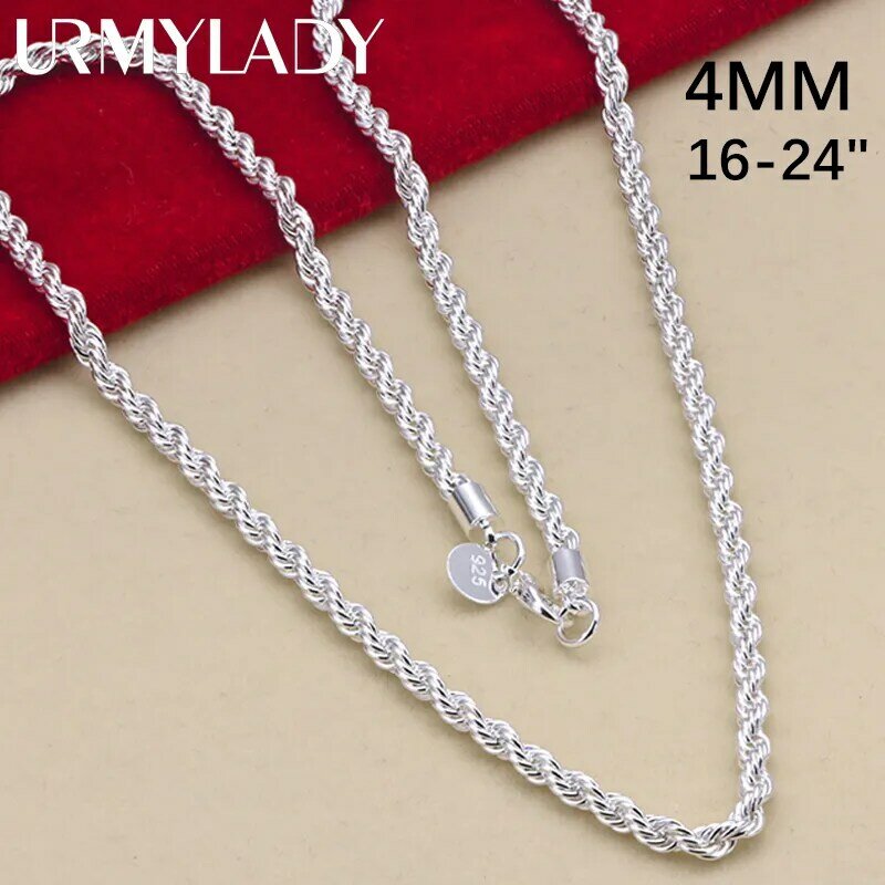 Colgante de plata de ley 925 para hombre y mujer, collar de cadena de cuerda de 4MM, joyería de alta calidad, 16-24 pulgadas