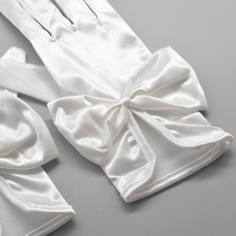 Feminino curto dedos completos arco pulso elegante branco marfim cetim nupcial luvas de casamento acessórios vestido baile dança jantar t233