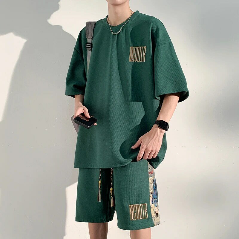 Conjunto de camiseta con estampado informal para hombre, ropa deportiva de gran tamaño, pantalones cortos de manga corta, chándal de 2 piezas